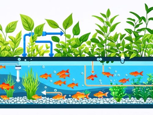 Conceptual illustration of an aquaponics system showing a fish tank and grow bed, with water and nutrient flow between them highlighted.