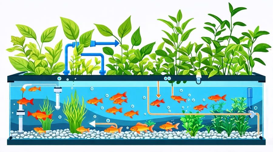 Conceptual illustration of an aquaponics system showing a fish tank and grow bed, with water and nutrient flow between them highlighted.