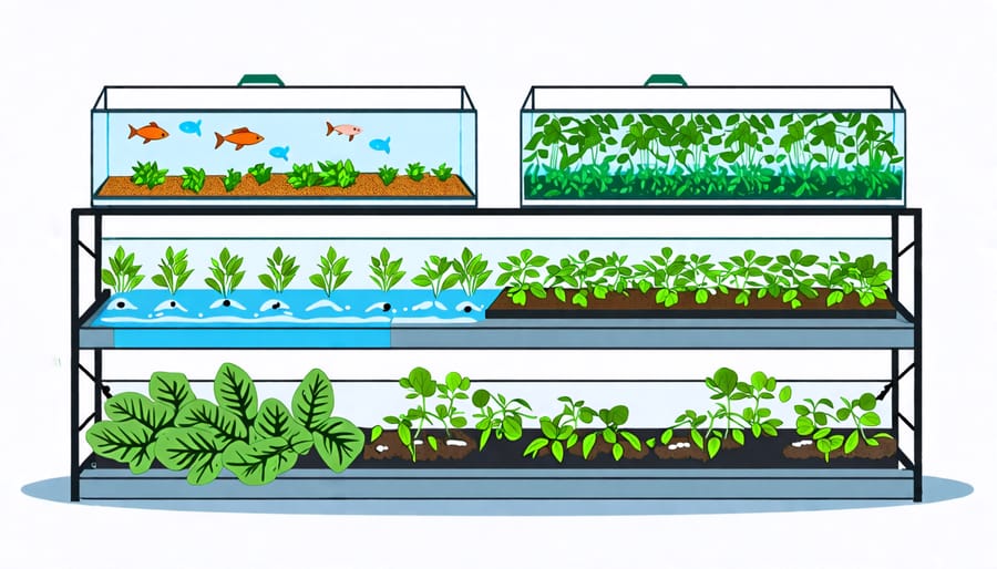 Illustration of aquaponics system components and water circulation