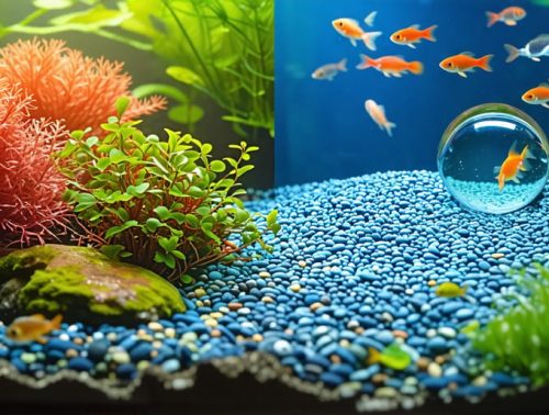 "A visual comparison of a healthy aquarium next to a close-up view of microscopic organisms found in pond water."