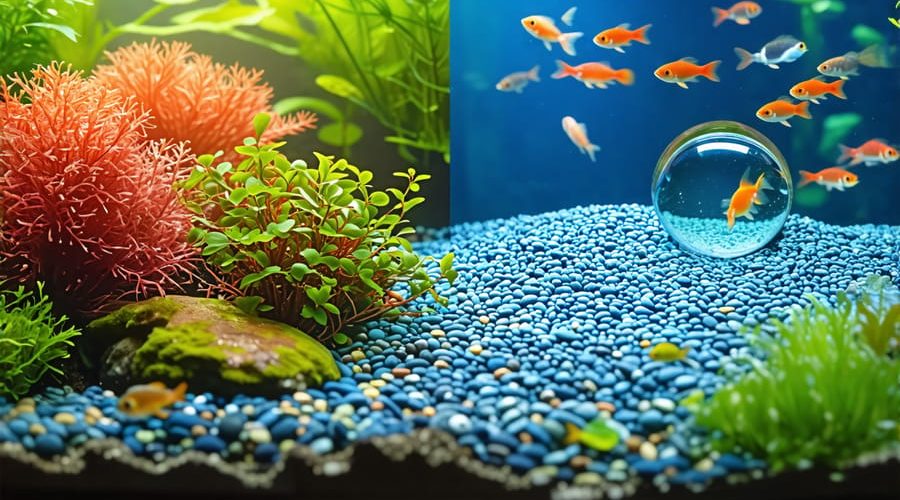 "A visual comparison of a healthy aquarium next to a close-up view of microscopic organisms found in pond water."