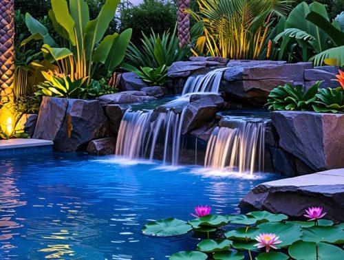 A serene backyard pool with a cascading rock waterfall and tropical plants like water lilies and cattails, illuminated with underwater lights at dusk.