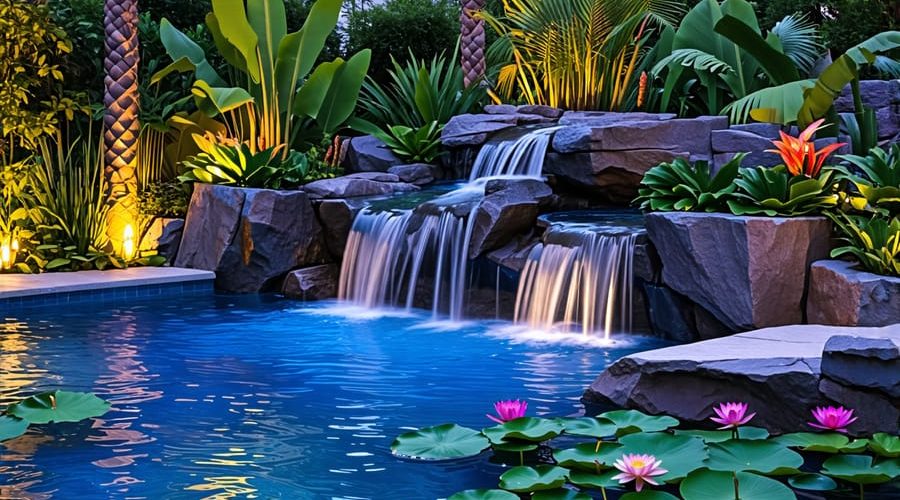 A serene backyard pool with a cascading rock waterfall and tropical plants like water lilies and cattails, illuminated with underwater lights at dusk.