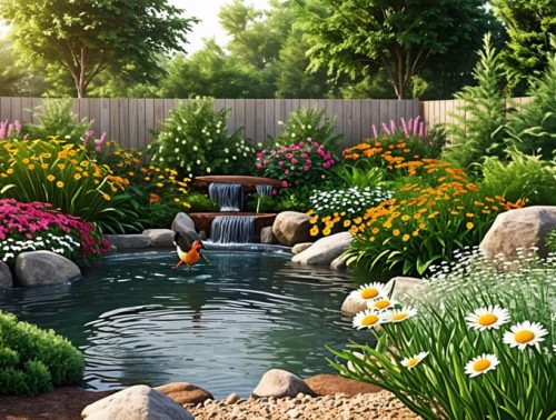 A lush backyard filled with native plants, a small pond with birds bathing, and natural brush piles creating a thriving wildlife habitat.