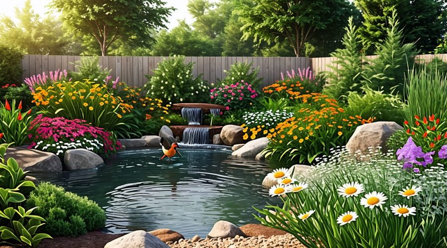 A lush backyard filled with native plants, a small pond with birds bathing, and natural brush piles creating a thriving wildlife habitat.