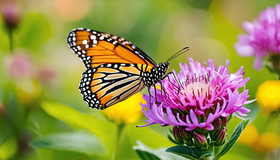 Butterfly pollinating native flower in wildlife garden