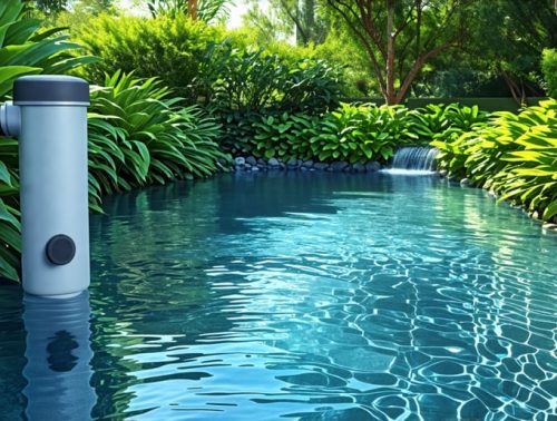 A serene pond with crystal-clear water surrounded by lush greenery, showcasing an advanced external filtration system effectively circulating the water.