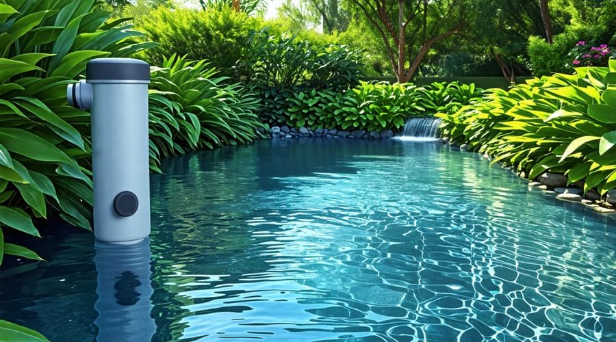 A serene pond with crystal-clear water surrounded by lush greenery, showcasing an advanced external filtration system effectively circulating the water.