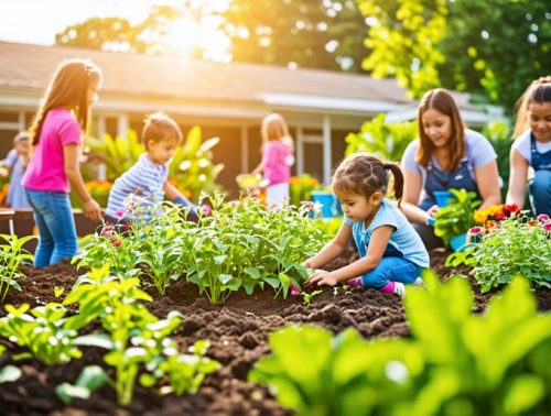 A diverse group of students, teachers, and community members working together in a colorful and thriving school garden, showcasing hands-on learning and community collaboration.