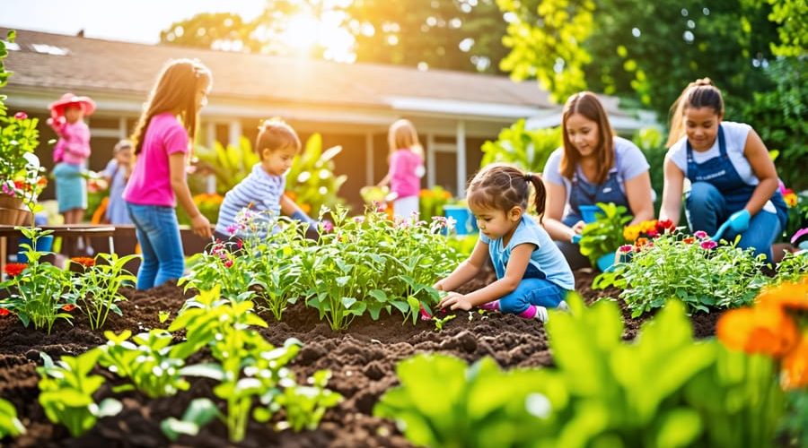 A diverse group of students, teachers, and community members working together in a colorful and thriving school garden, showcasing hands-on learning and community collaboration.