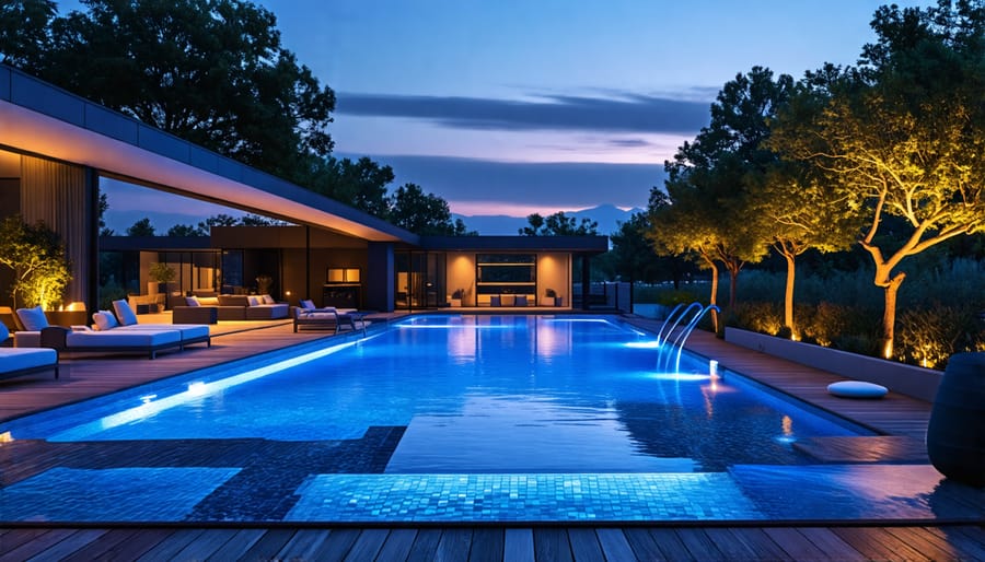 Illuminated deck jet fountains arcing into a contemporary swimming pool at night