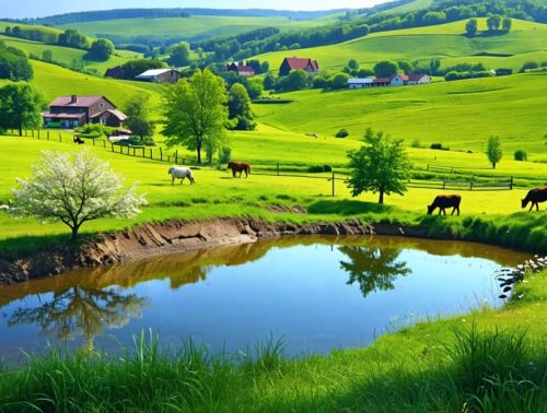 "A picturesque farm pond, blending excavated and embankment features, surrounded by verdant landscaping and farm animals."