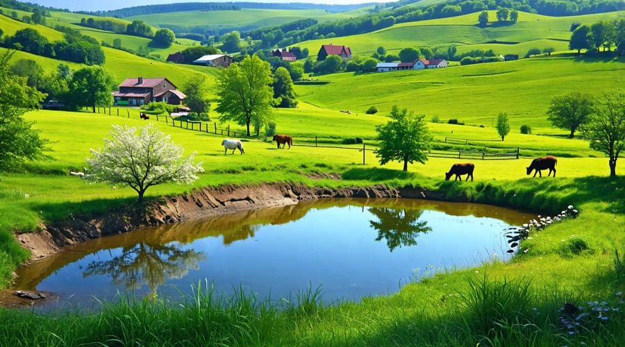 "A picturesque farm pond, blending excavated and embankment features, surrounded by verdant landscaping and farm animals."