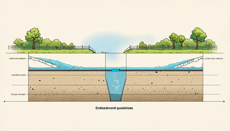 Illustrated cross-section of an embankment pond, detailing its construction