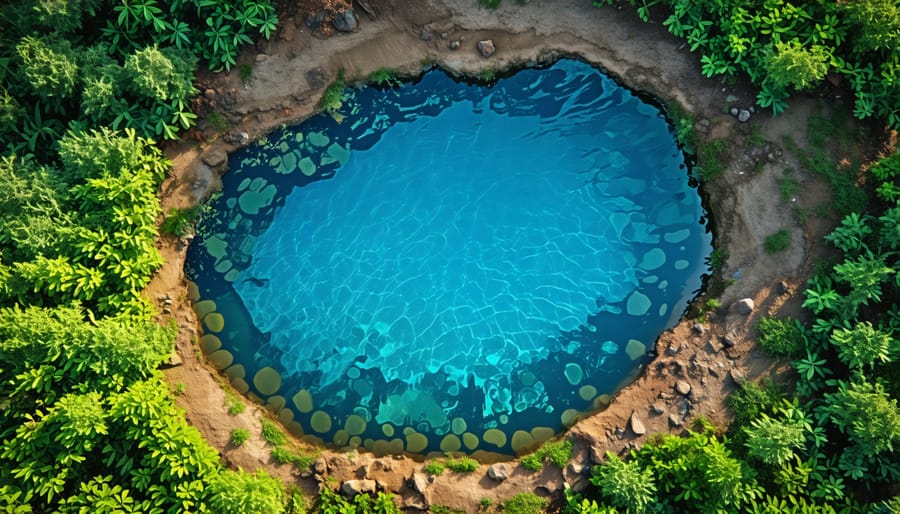 Aerial perspective of an excavated farm pond in a natural setting