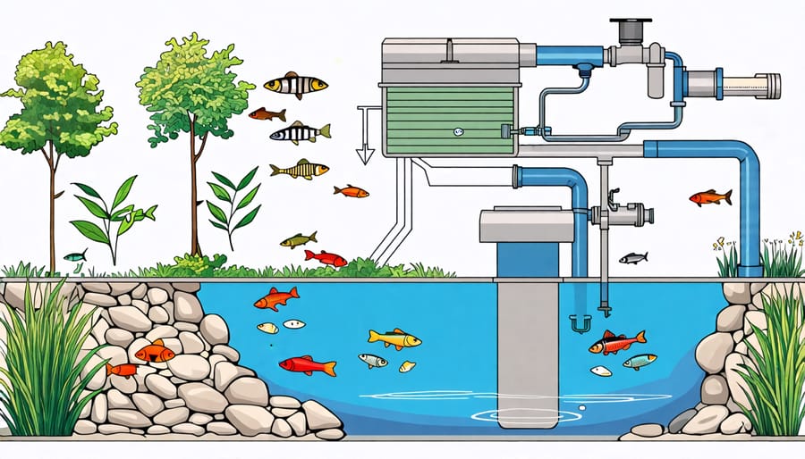 Illustration of an external pond filter system with labeled components