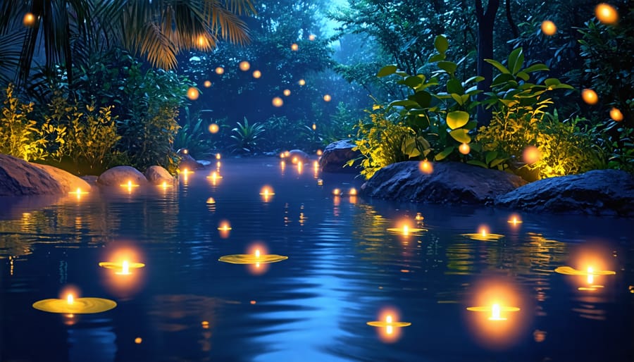 Pond with floating lights creating a enchanting ambiance