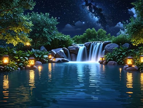 A beautifully lit pond at night featuring underwater lights, floating lanterns, and spotlights highlighting waterfalls and foliage.