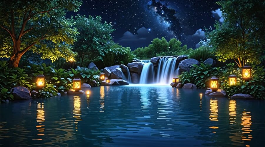 A beautifully lit pond at night featuring underwater lights, floating lanterns, and spotlights highlighting waterfalls and foliage.