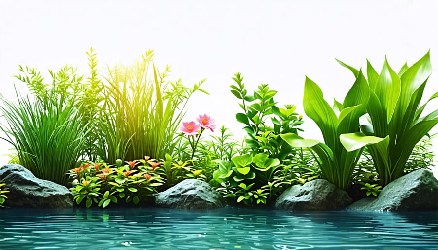 Collection of aquatic plant species commonly used in indoor ponds