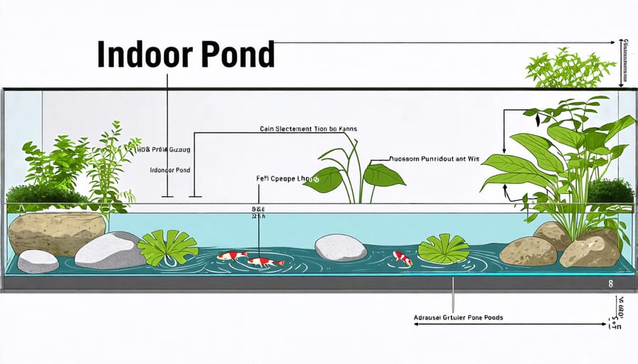 Diagram illustrating the design and components of an indoor pond system