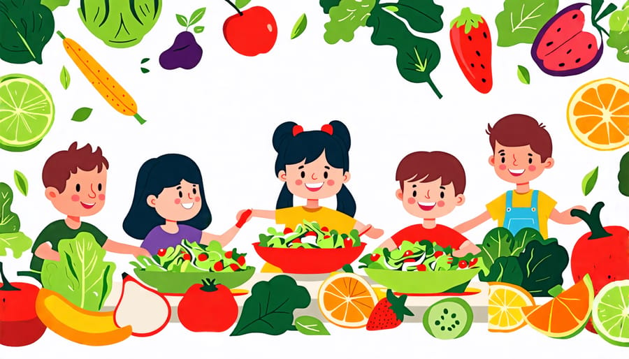 School children enjoying eating fresh, healthy produce