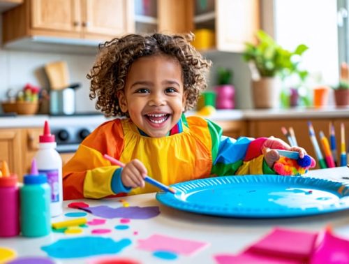 A smiling preschooler enthusiastically painting a paper plate blue as the base for a pond craft, with various craft materials spread around a well-prepared workspace.