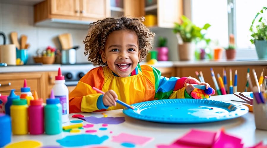 A smiling preschooler enthusiastically painting a paper plate blue as the base for a pond craft, with various craft materials spread around a well-prepared workspace.