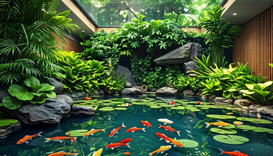 Modern indoor pond featuring aquatic plants and fish