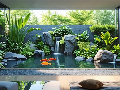 A tranquil indoor pond in a modern living room with sleek water features, minimalist aquatic plants, and colorful fish, blending nature and contemporary design.