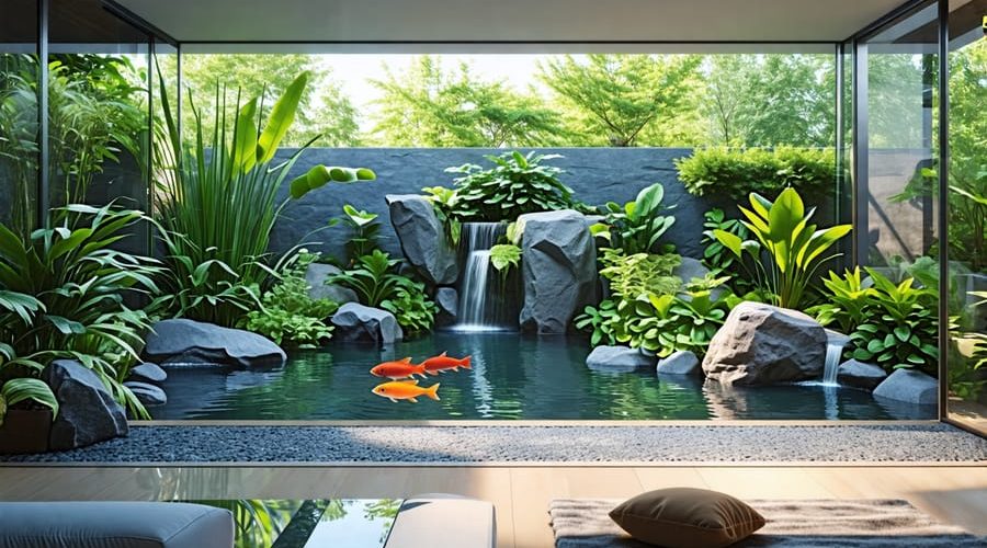 A tranquil indoor pond in a modern living room with sleek water features, minimalist aquatic plants, and colorful fish, blending nature and contemporary design.