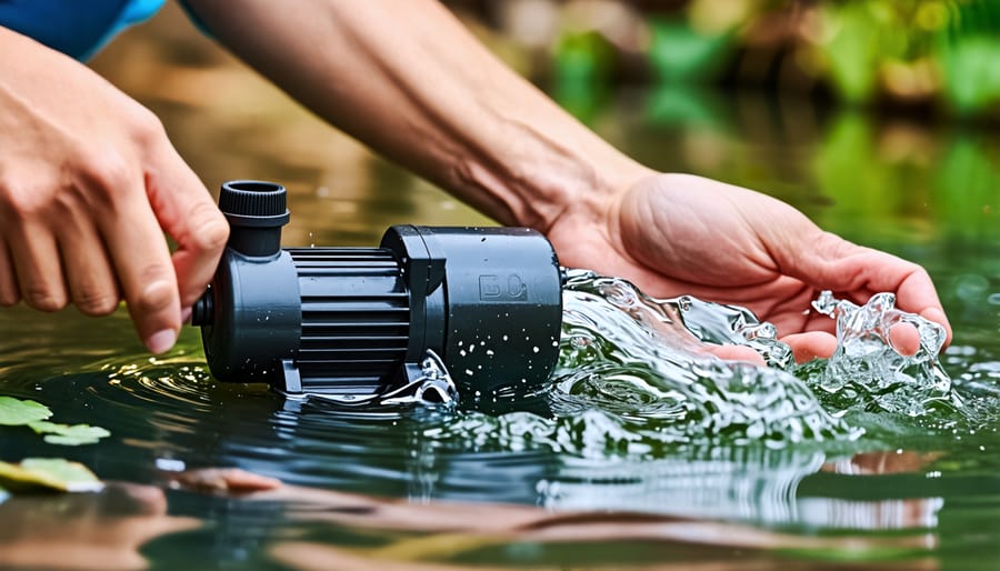 Visual guide demonstrating the process of cleaning a pond pump