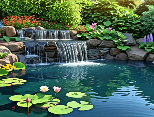 A well-maintained pond with clear water, water lilies, and a visible pond pump system integrated into the picturesque setting.