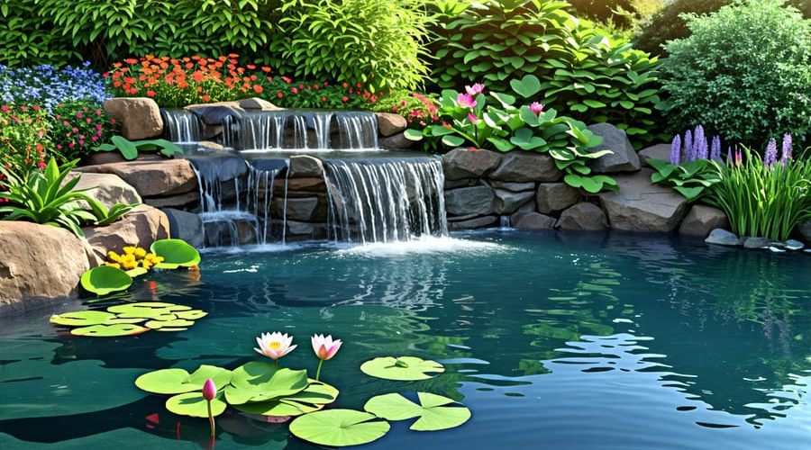 A well-maintained pond with clear water, water lilies, and a visible pond pump system integrated into the picturesque setting.