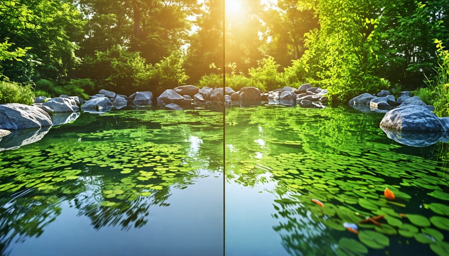 Contrast between an unfiltered murky pond and a clear pond with external filtration