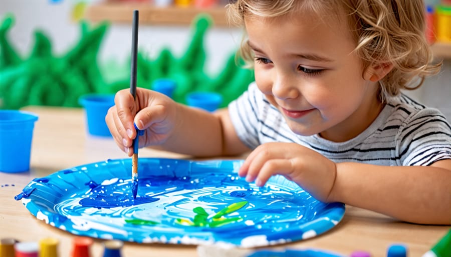 Young child using blue paint and a brush to color a paper plate for the pond craft