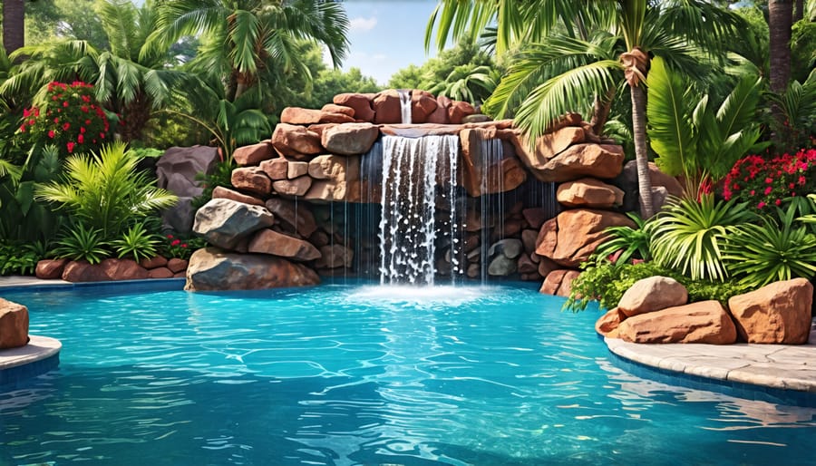 Swimming pool with a rock waterfall feature and lush landscaping