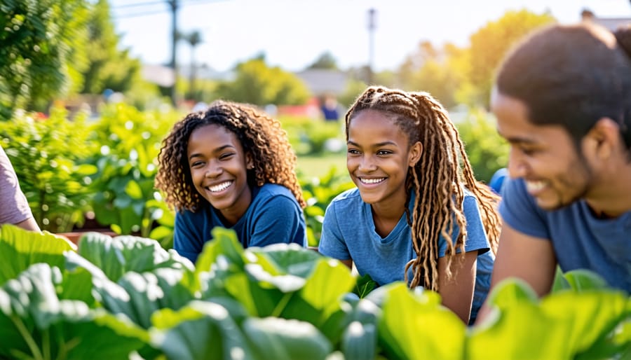 Community members of various ages collaborating in a thriving school garden