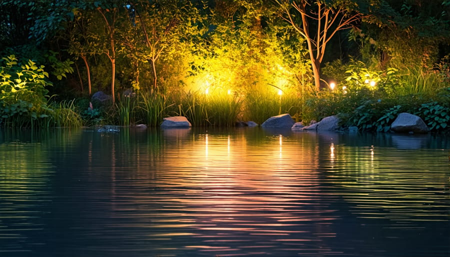 Pond beautifully lit with underwater lights at night