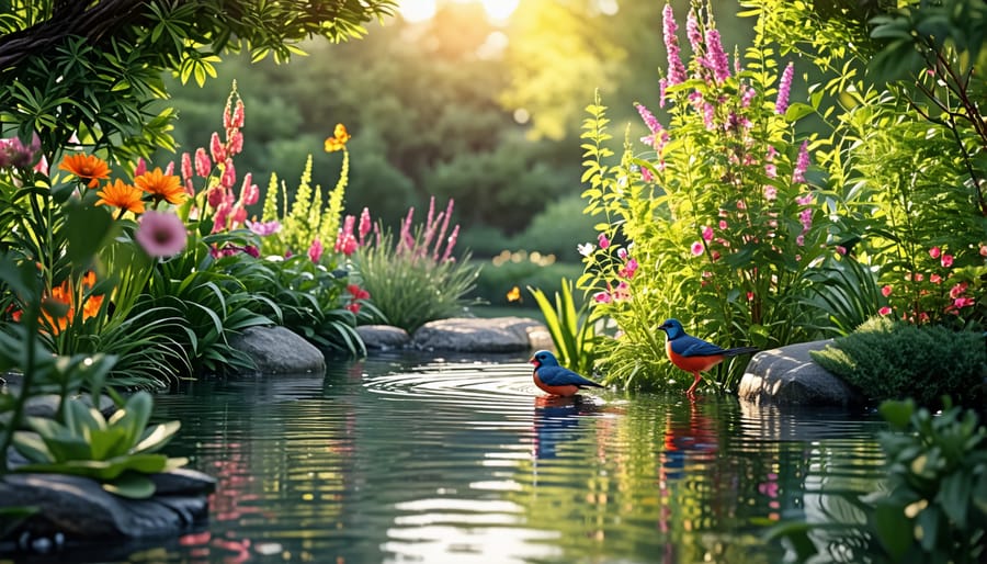 Garden pond water feature attracting birds and wildlife