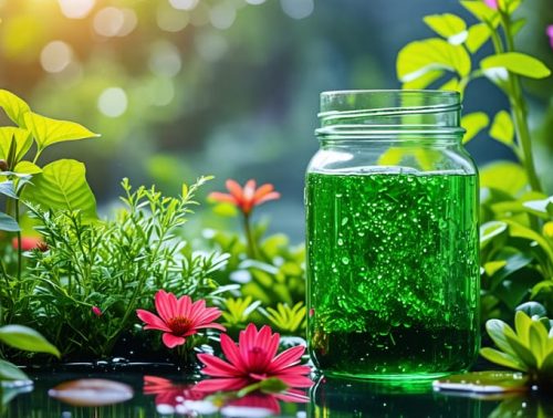 A flourishing garden with vibrant foliage and colorful blooms, nourished by a glass jar of green algae water, showcasing the benefits of this natural fertilizer.