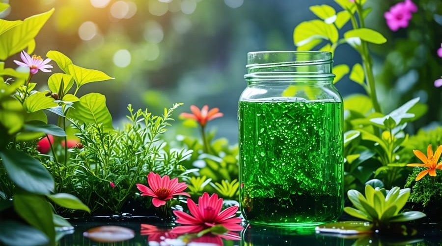 A flourishing garden with vibrant foliage and colorful blooms, nourished by a glass jar of green algae water, showcasing the benefits of this natural fertilizer.