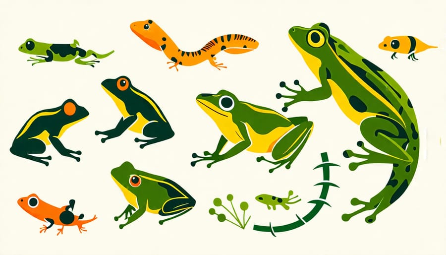 Illustration showing the life cycle stages of amphibians, featuring frogs and newts