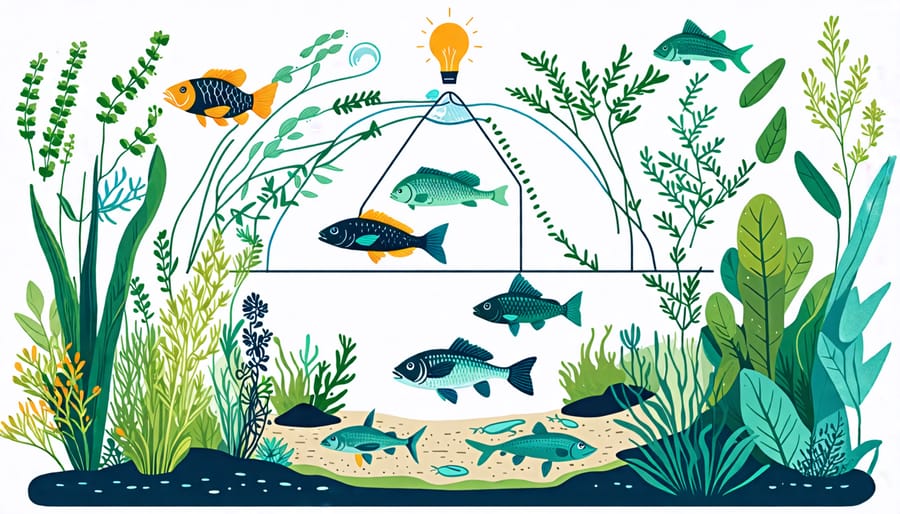 Diagram depicting the symbiotic relationship between fish and plants in nutrient cycling