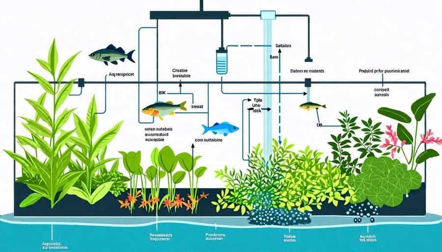 Illustration of the symbiotic cycle in an aquaponic system including fish, plants, and water flow