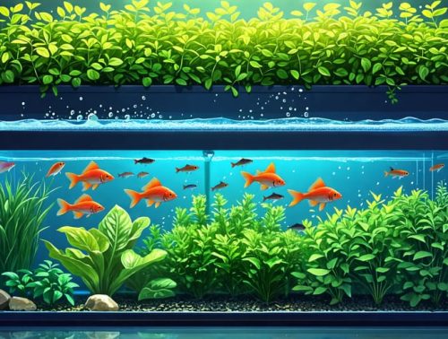 An illustrative depiction of an aquaponic system with fish swimming in a tank below lush plants growing in a bed above, connected through pipes and pumps that circulate water and nutrients, symbolizing the sustainable cycle of growth and nourishment.