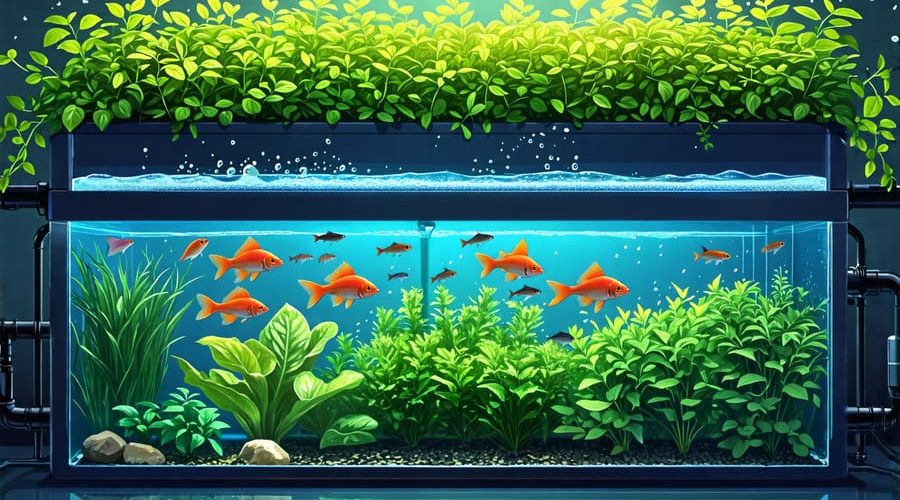 An illustrative depiction of an aquaponic system with fish swimming in a tank below lush plants growing in a bed above, connected through pipes and pumps that circulate water and nutrients, symbolizing the sustainable cycle of growth and nourishment.