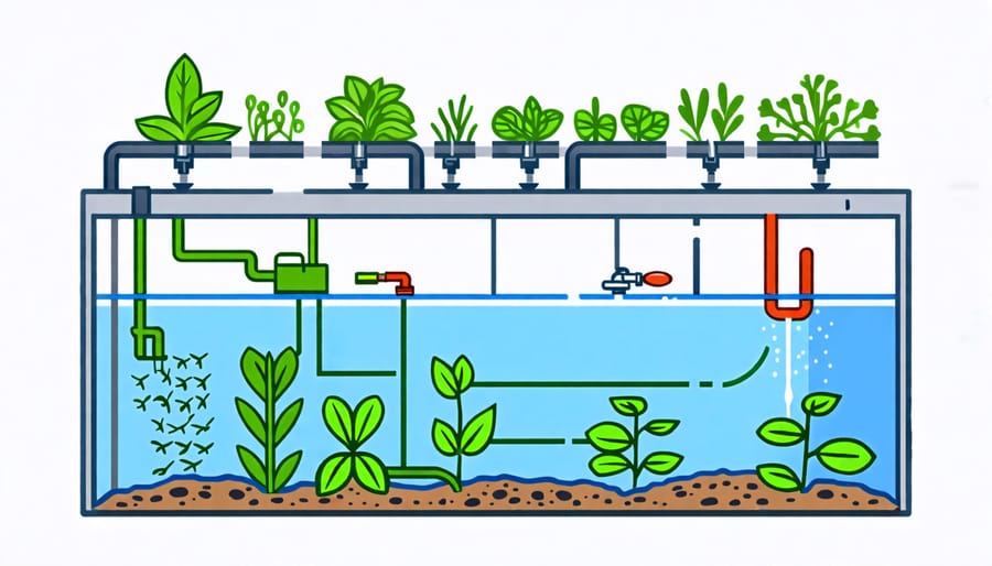 Illustration of an aquaponics system with fish tank, grow bed, and connecting plumbing