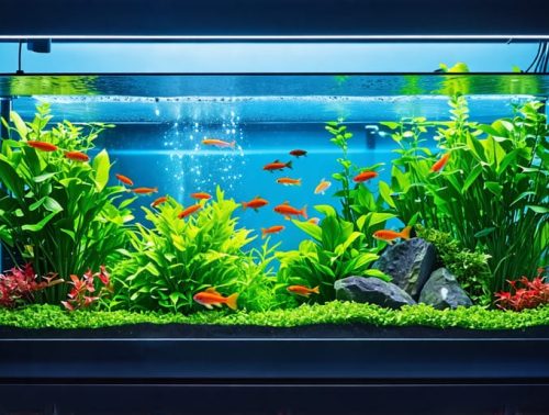 A vibrant aquaponics system showcasing a lush grow bed with healthy plants and a clear fish tank filled with fish, illustrating the symbiotic relationship between plants and fish in a sustainable, eco-friendly setup.