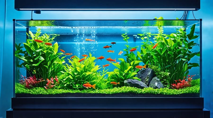 A vibrant aquaponics system showcasing a lush grow bed with healthy plants and a clear fish tank filled with fish, illustrating the symbiotic relationship between plants and fish in a sustainable, eco-friendly setup.